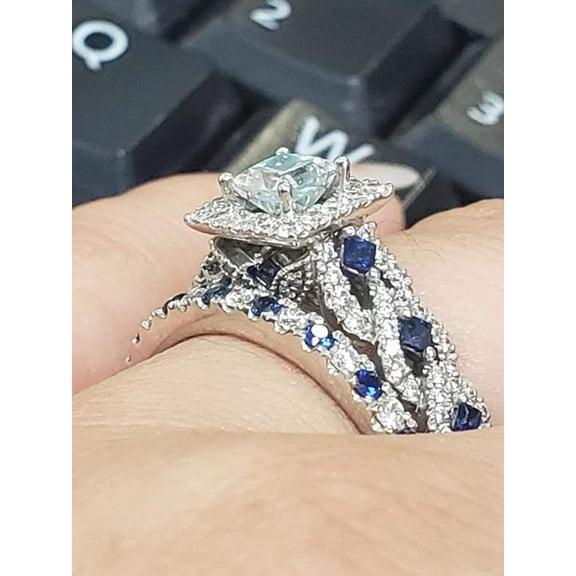 Bluebelljewels Beautiful Princess Frame Bridal Set Stunning Blue CZ Engagement & Wedding Ring Set Stylish Ring