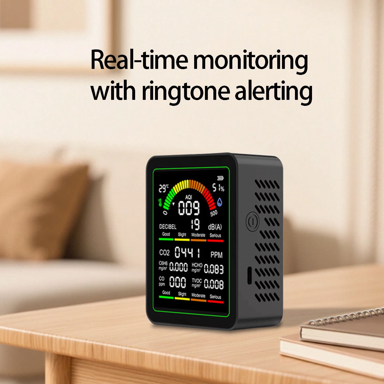 Air Quality Monitor With CO2 C6H6 Formaldehyde TVOC Temperature Humidity Detections And Noise Meter For Home Offices Lab