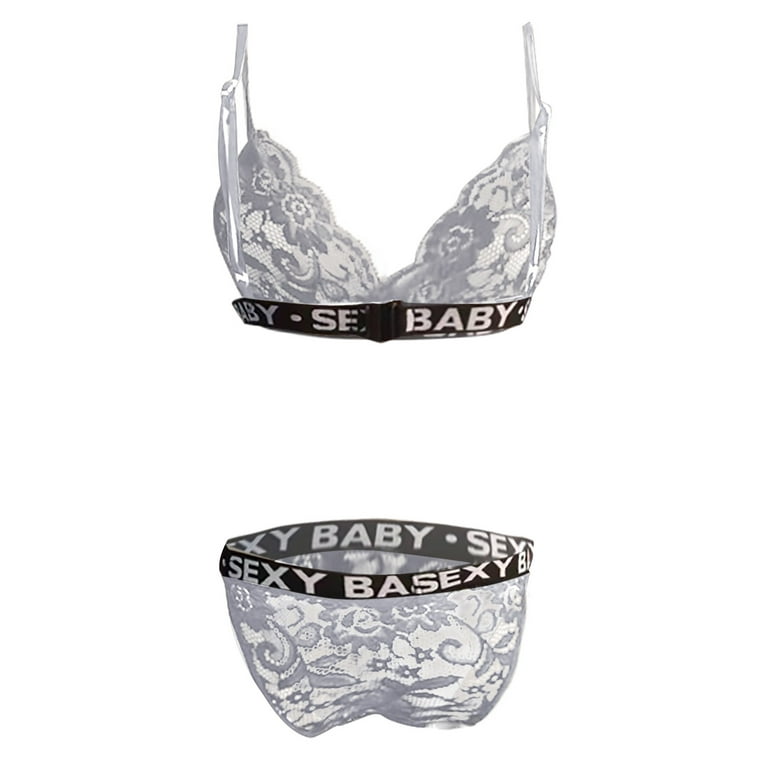 YDKZYMD Lingerie Letter Print Sexy Deep V Neck Plus Size Lace Bra and Panty  Sets for Women White L 