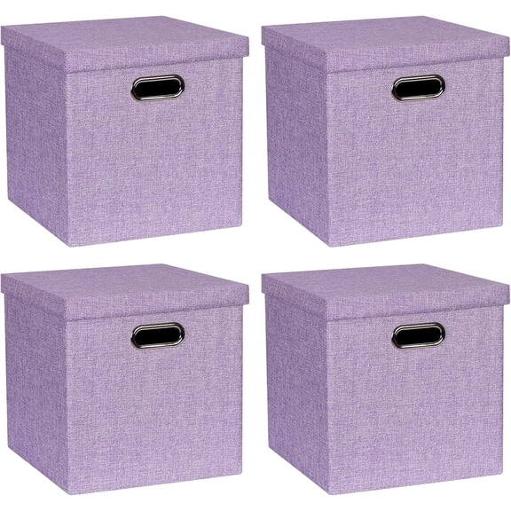 Storage Bins with Lids, Collapsible Linen Fabric Boxes Organizer Containers with Lid Foldable Storage Box Basket for Closet, Shelves, Home, Office, 12 x 12 x 12 Inch, 4 Pack, Purple