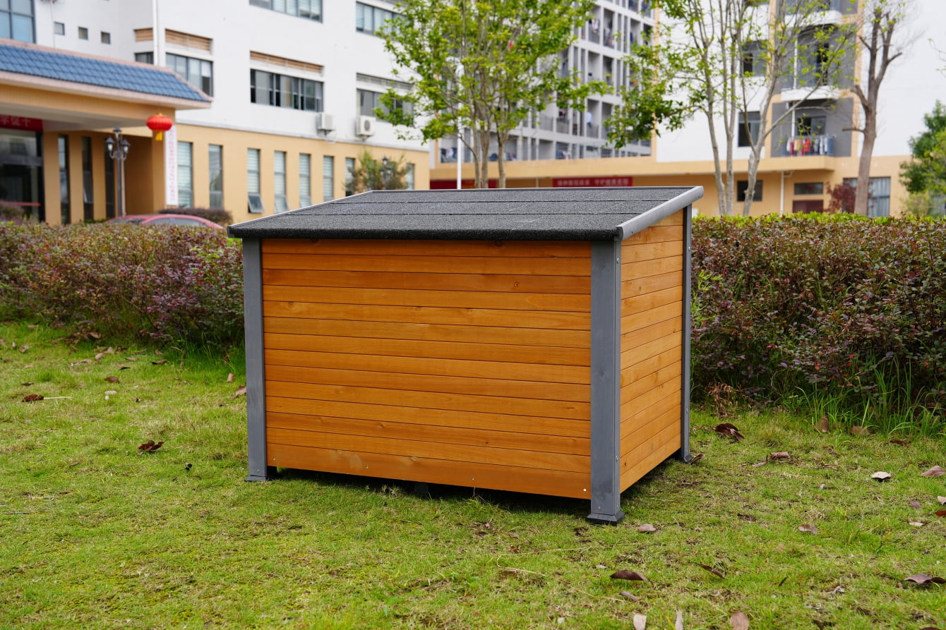 45" Wooden Dog House, Outdoor and Indoor Winter Kennel with Elevated Feet and Plastic Curtain, Weatherproof Solid Wood Doghouse for Small Large Dog