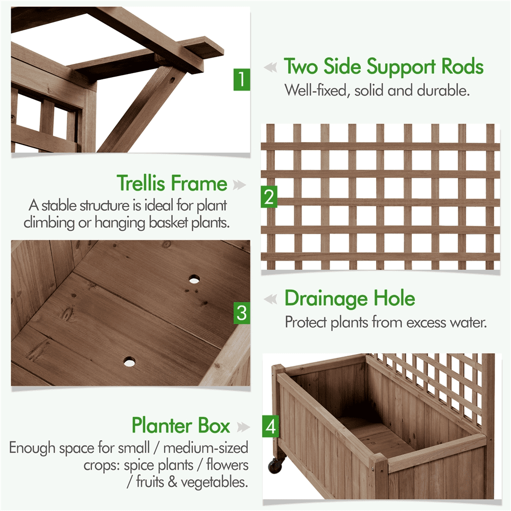 Renwick 72" H Rolling Wood Planter Raised Bed with Trellis, Dark Brown