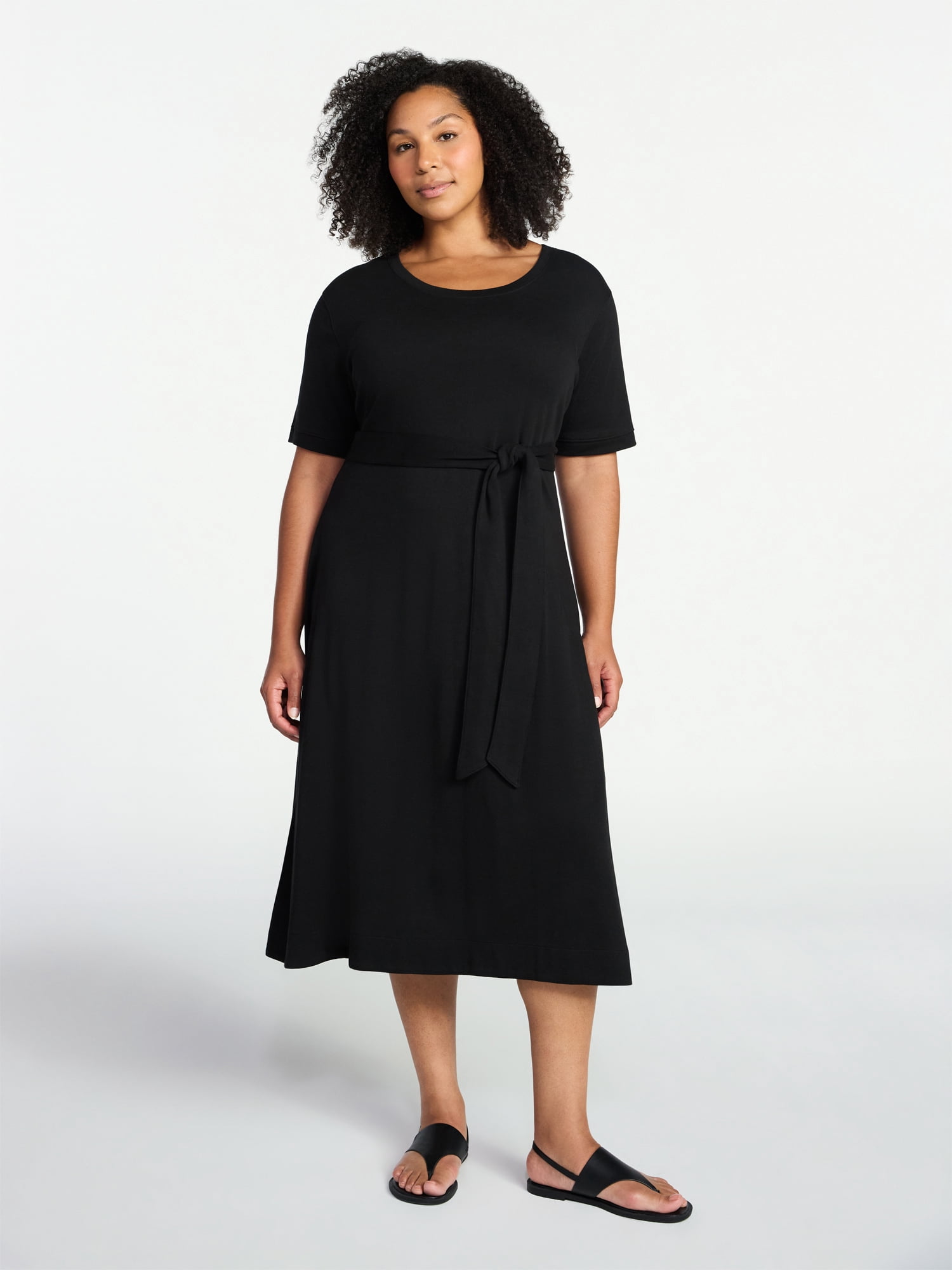 Time and Tru Women's Cotton Tie Front Midi Dress with Short Sleeves, Sizes XS-XXXL