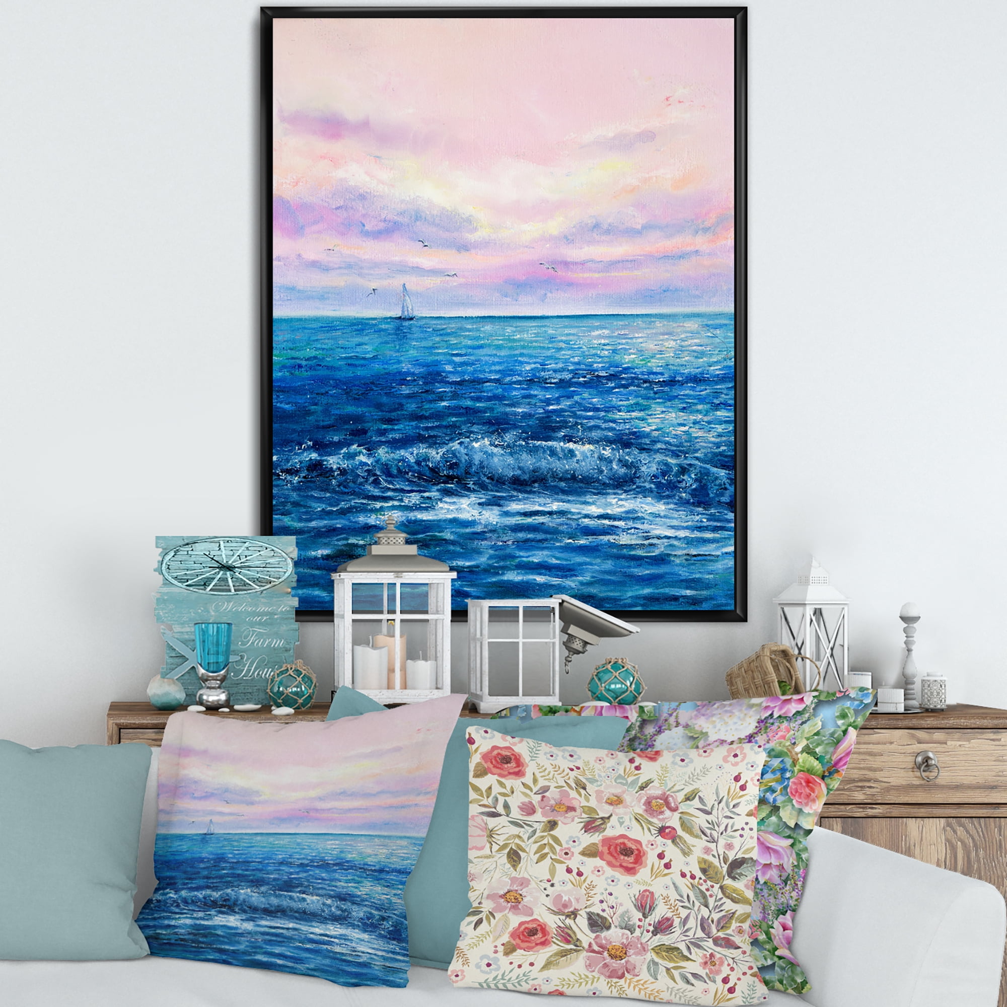 Designart 'Sunrise Glow On The Ocean Waves II' Nautical & Coastal Framed Canvas Wall Art Print