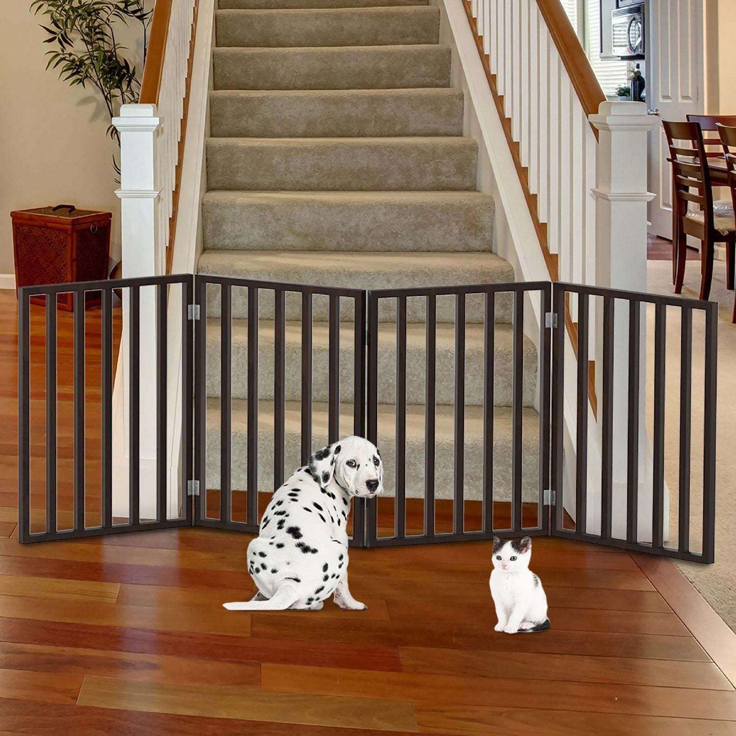 4-Panel Indoor Foldable Dog Fence for Stairs, Hallways or Doorways - 72x24-Inch Wood Freestanding Dog Gates by PETMAKER (Brown)