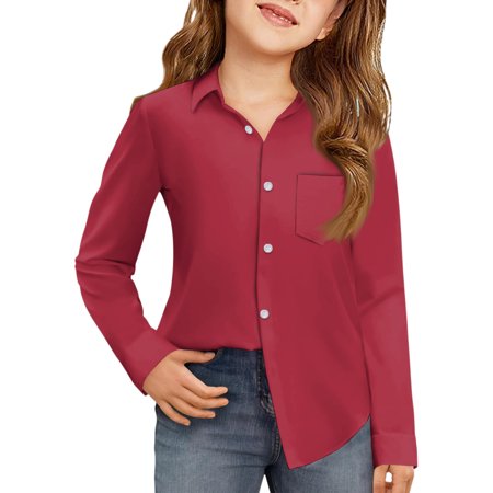 CCRFTGI Uniform Shirts for Kids Girls Causal Back To School Button Up Collared Tops Formal Solid Color Dress Shirt Soft Fall Uniform Shirt with Pocket Wine 7-8 Years
