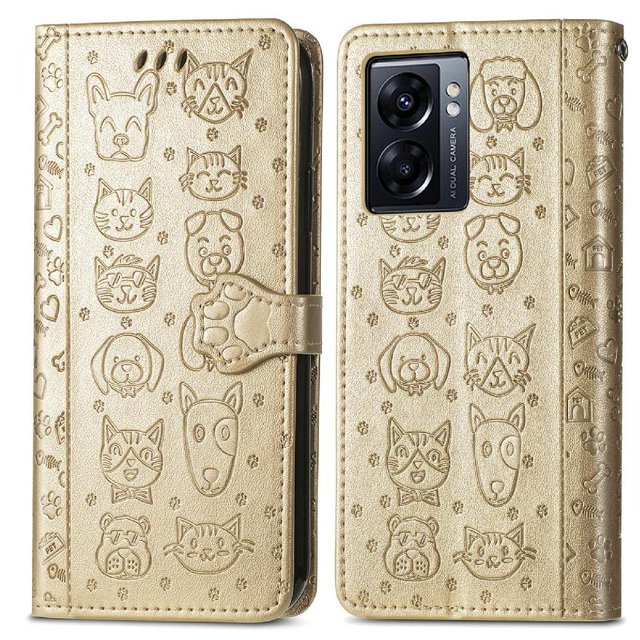 Funda Cartera FOXDOCK para OPPO A77 , Flip PU con Relieve de Gatos y Perros, Tarjetero y Soporte