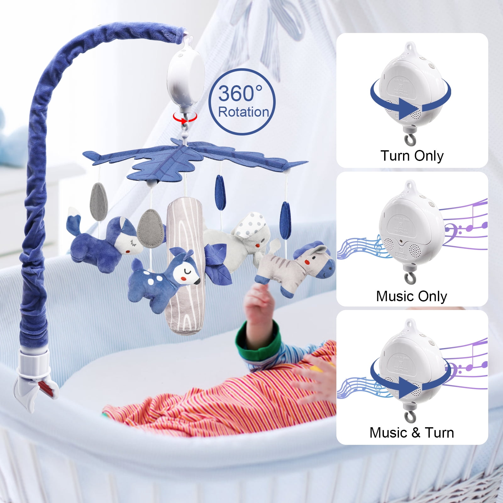IFOYO Upgraded Musical Mobile for Crib, Baby Crib Mobile, Hanging Rotating Toys, Woodland Nursery Decor, Digital Music Box with 3 Modes, 12 lullabies, Blue