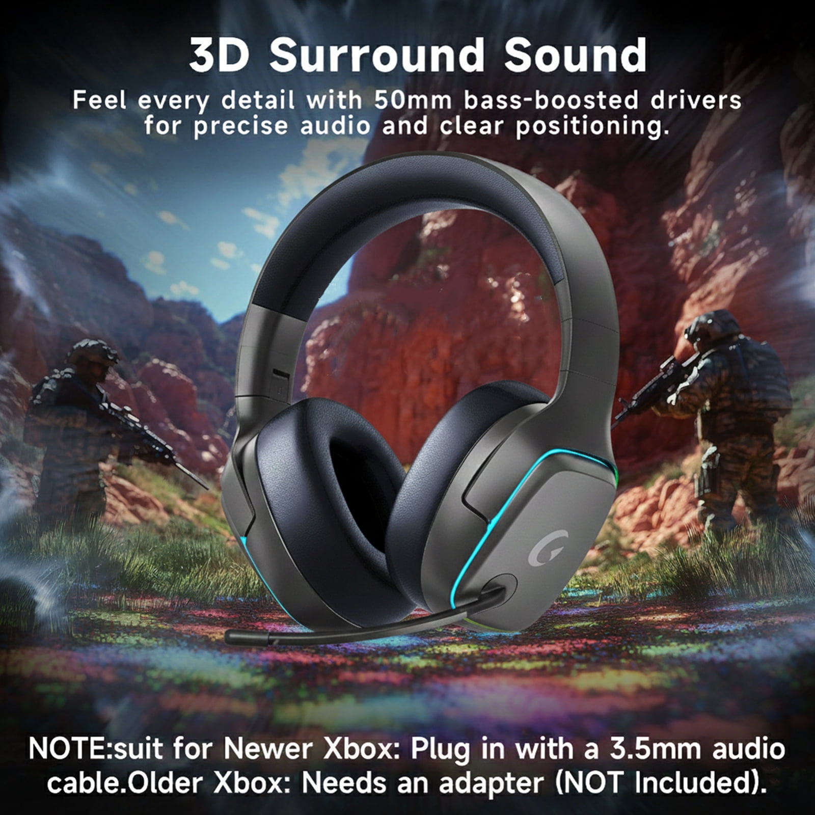 Wireless Gaming Headset 2.4GHz for PS5/PS4/PC/Switch,Bluetooth 5.3 Headphones with Noise-Canceling Mic, 7.1 Surround Sound, 70H Battery Life, RGB Lights, Foldable, Portable-Light gray-black