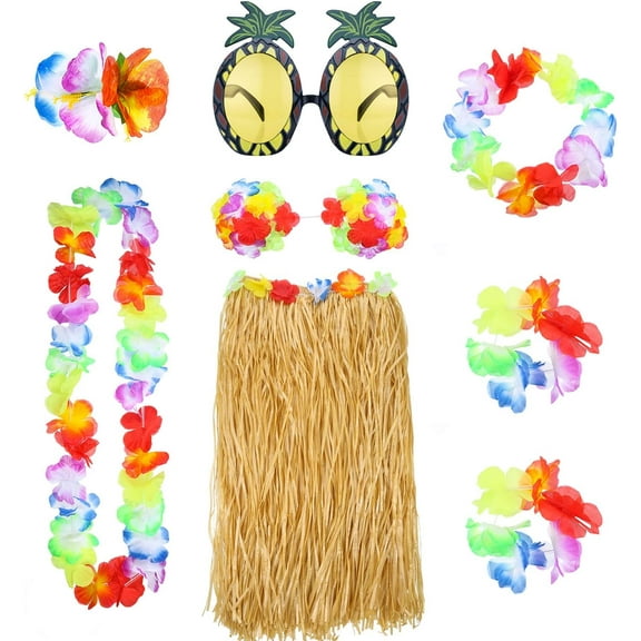 8 Pieces 23.6 Inch Hawaiian Hula Skirt Costume Set Necklace Garland Bracelet Bikini Top for Women Tropical Luau Party Decoration