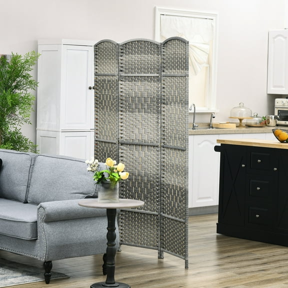 HOMCOM 3 Panel Room Divider Hand-Woven Freestanding Partition, Mixed Gray