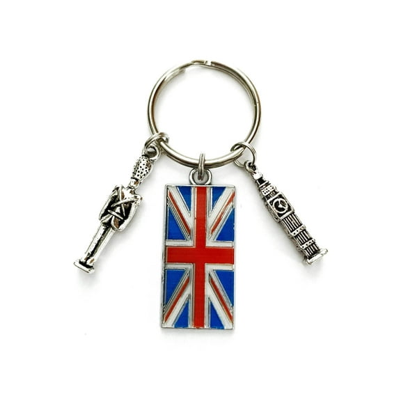 London Great Britain themed keychain. Includes Union Jack, Big Ben, and Beefeater themed charms.