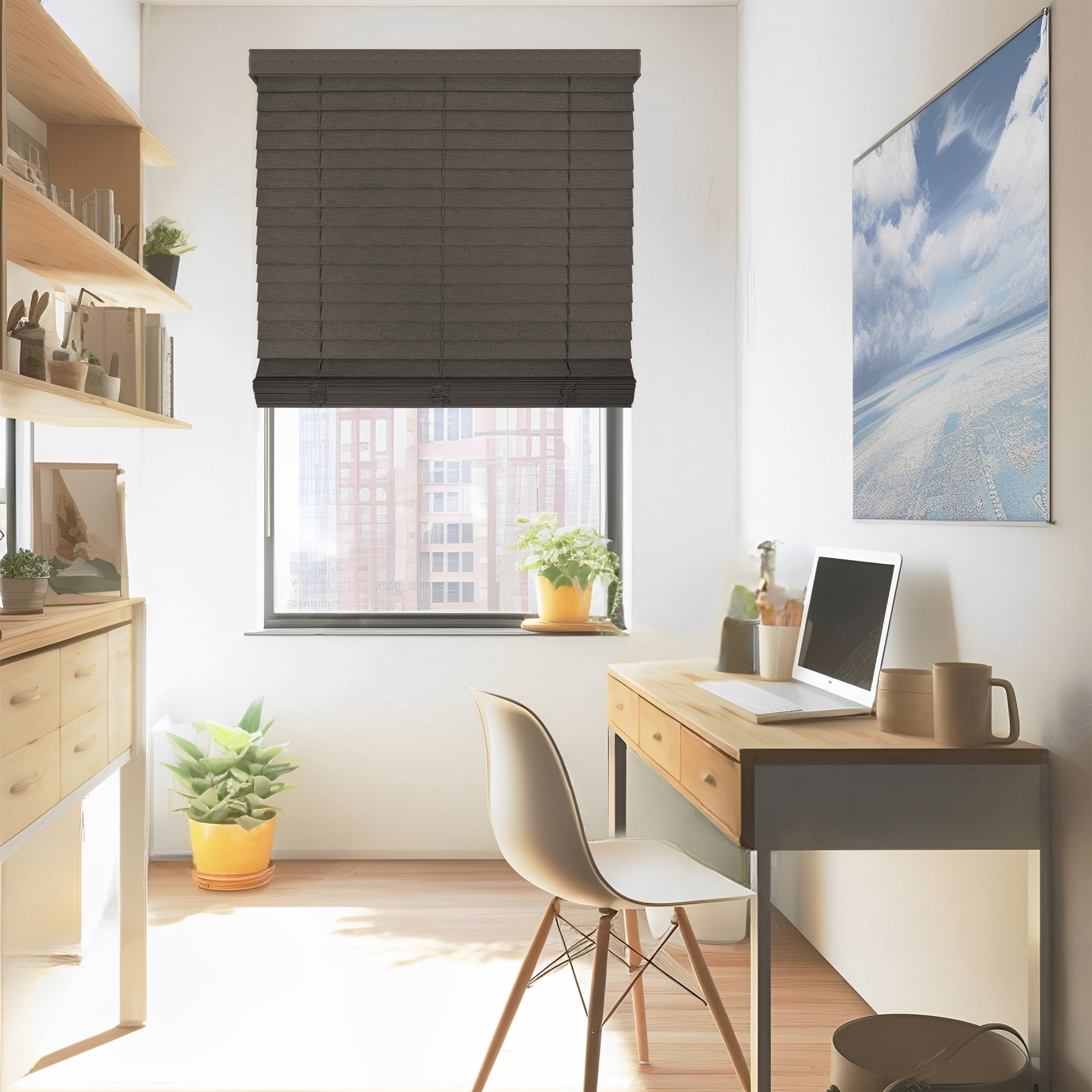 Chicology Cordless Faux Wood Blinds, Brown Textured (2" Slat), 26.5"W X 72"H