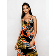 thumbnail image 2 of Women's Ruffled Neckline Tropical Palm Tree Print Midi Dress, Black, Small, 2 of 5