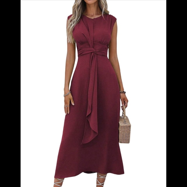 Vestido Midi Informal Sin Mangas de Verano para Mujer, Ajustado, con Lazo en la Cintura, , 2025 Marrón Rojizo L