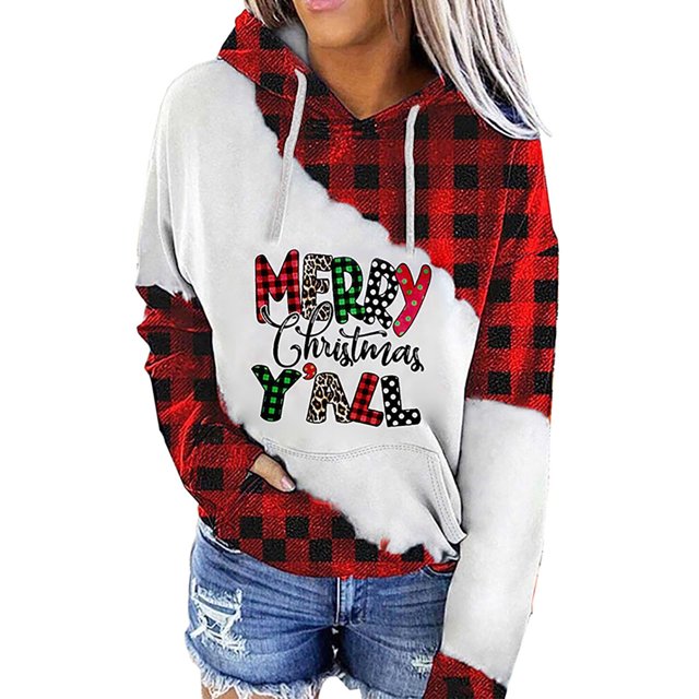 Moda mujer Casual con capucha Slim Navidad estampado Plaid Tops Sudadera con capucha Pompotops gfhjh23192