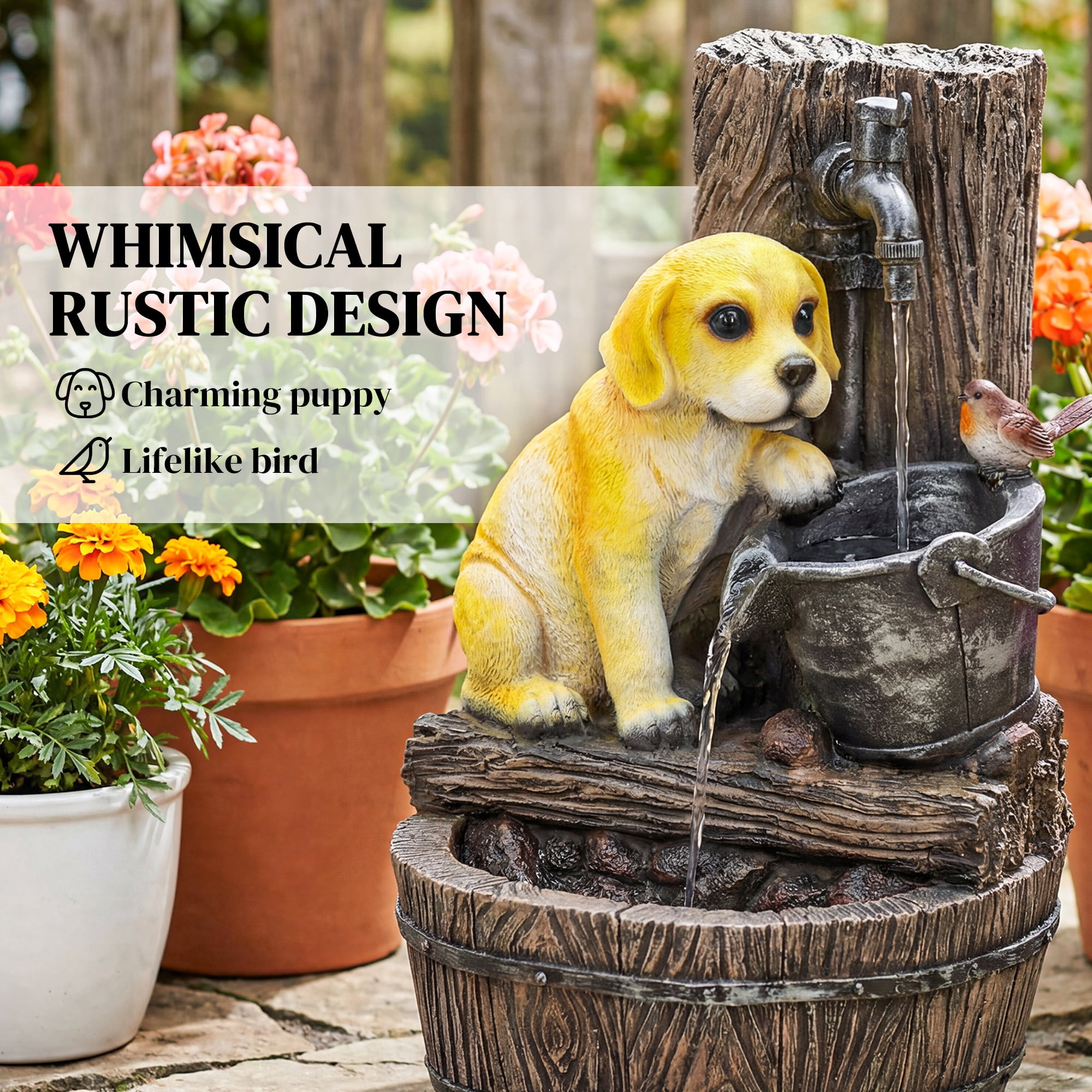 Outsunny Outdoor Fountain with 3-Tier Puppy Theme, LED Lights, Adjustable Flow, Resin Freestanding Garden Fountain, Rustic Brown