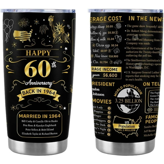 Happy 60th Anniversary Wedding Gifts for Men Women 60th Anniversary Tumbler 60 Years Wedding Gifts for Couple Wife Husband Back in 1964 Stainless Steel Vacuum Insulated Tumbler 20 oz