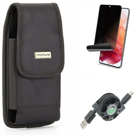 Privacy Screen Protector & USB Cable & Case Belt Clip for Samsung Galaxy S22 (6.1") - TPU Film Fingerprint Works & Retractable Type-C & Swivel Holster Accessory Bundle