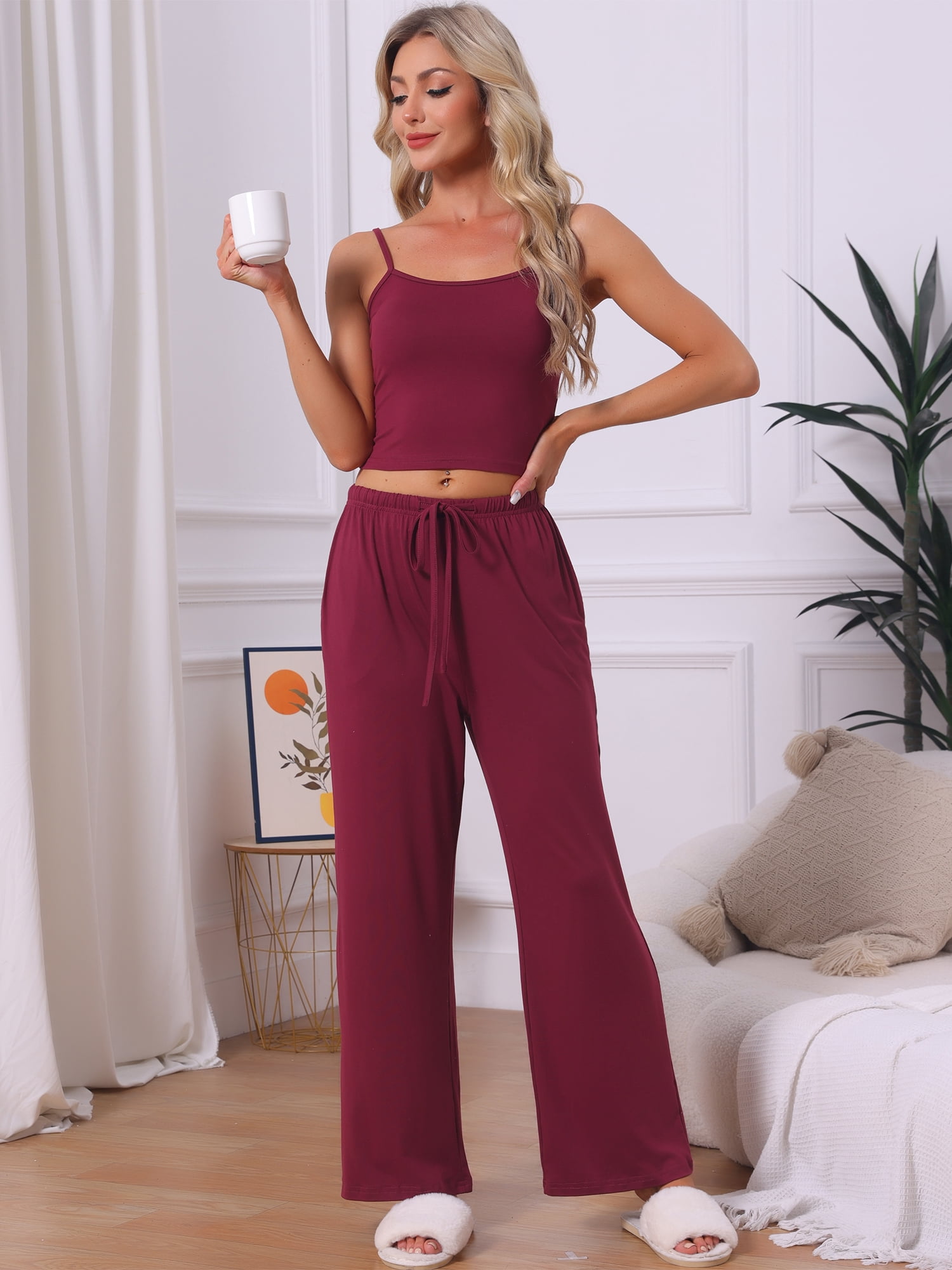 DARING DIVA Women's Pajama Set Cami Jersey Knit Adjustable Spaghetti Strap Pants M Red