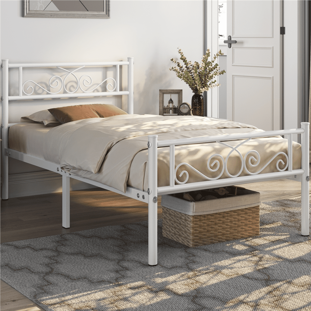 Fullfurnique Metal Platform Bed Frame with Scroll Headboard and Footboard, Full, White