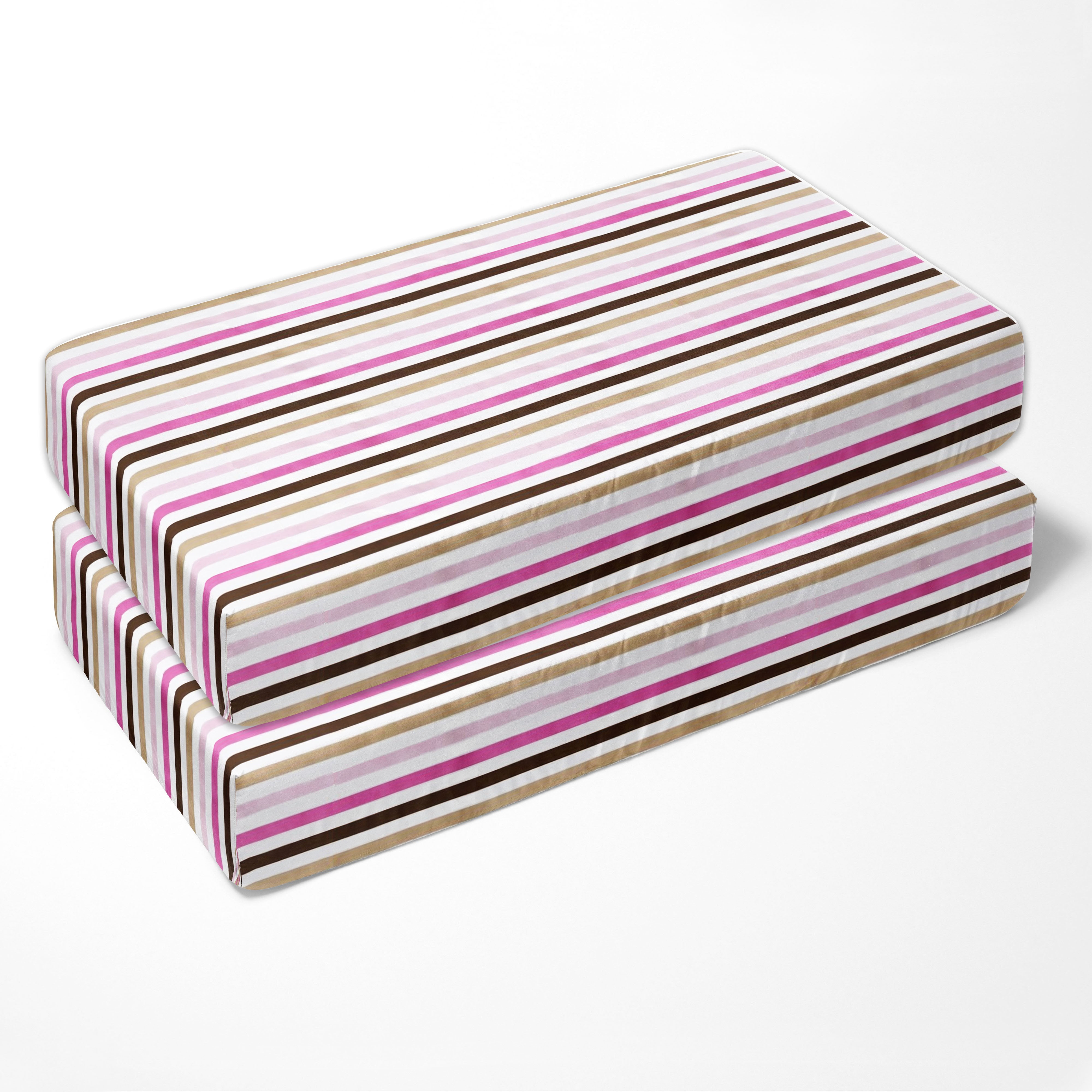 Bacati - Crib or Toddler Bed Fitted Sheet 100% Cotton Percale, Mod Dots/Stripes, Pink/Fuchsia/Beige/Brown