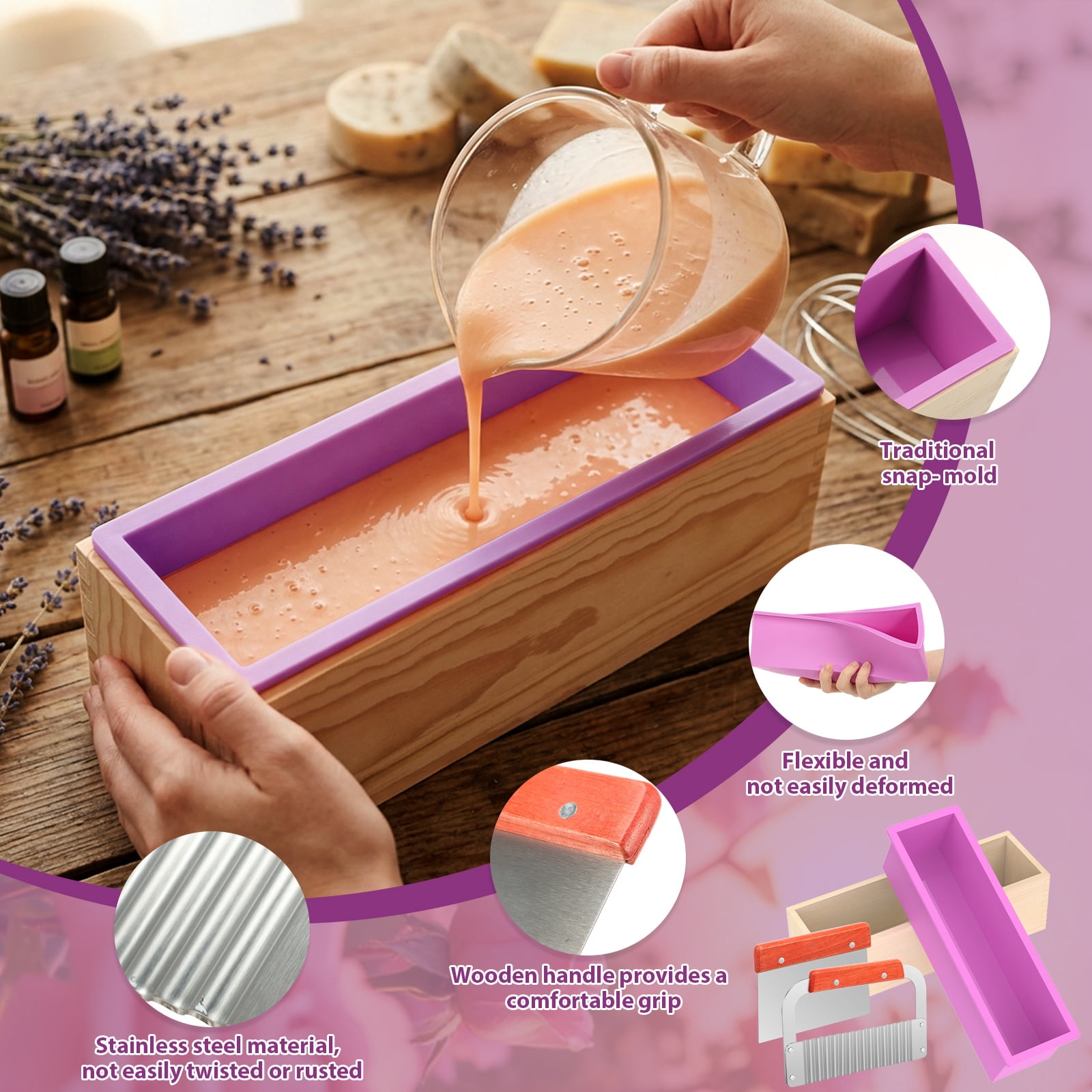 Toorise 40.58oz Silicone Soap Mold with Wooden Box Stainless Steel Straight and Wavy Cutter Complete Soap Making Supplies Kit for DIY Cold Process Making