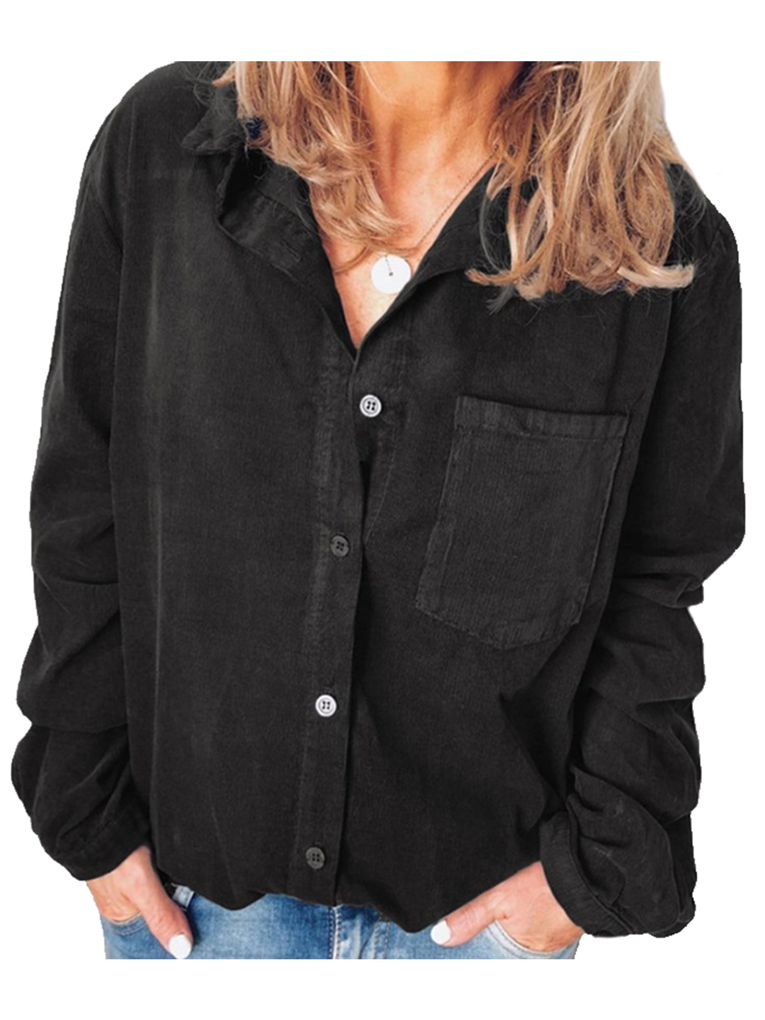 Pocket Button Down Shirt Loose V-Neck 