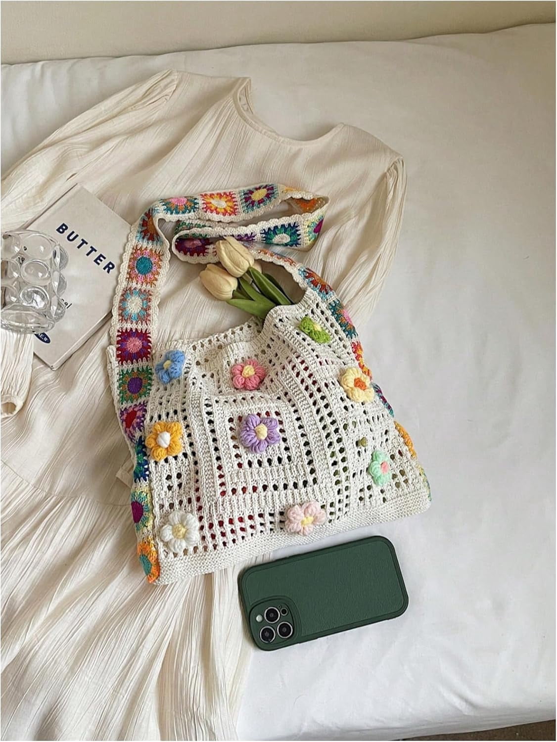 CAILDANL Women's Boho Embroidery Crossbody Bag Hollow Out Crochet Knit Shoulder Bag Tote Handbag