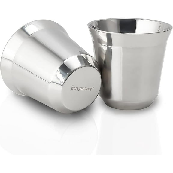 Easyworkz Stainless Steel Espresso Cup 2pcs Set Double Wall Insulated Metal Demitasse Cups 2.5 oz