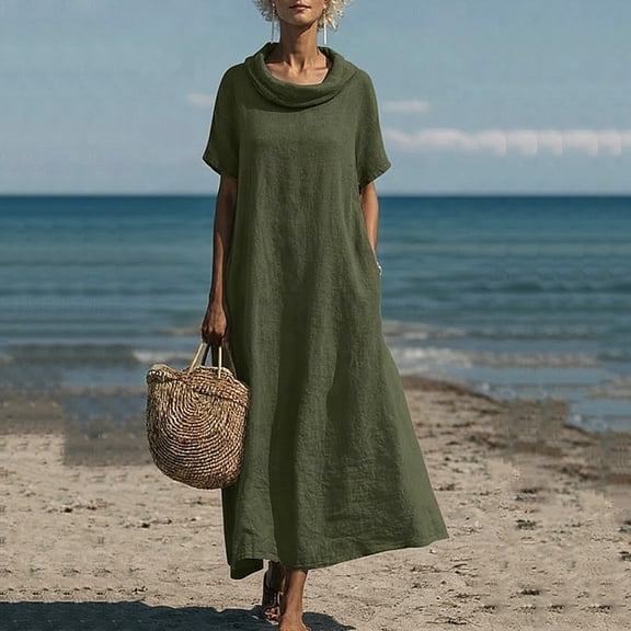 ClodeEU Women's Summer Linen Cotton Cowl Neck Short Sleeve Maxi Dress,Loose Fit Casual Beach Long Dress with Pockets Army Green,Women's Plus L