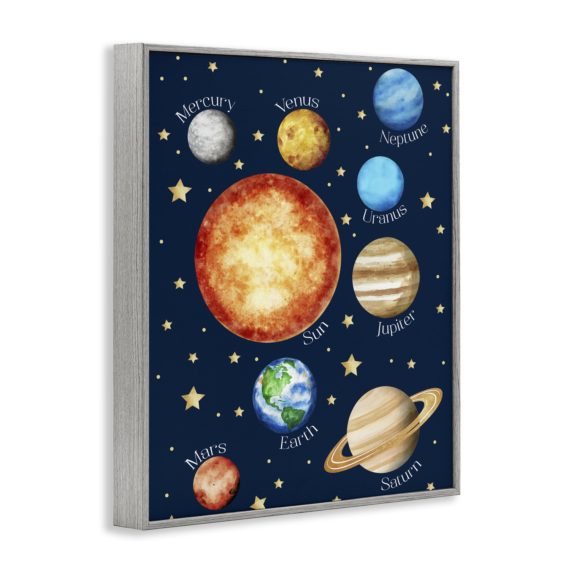 Educational Solar System Space Gray Framed Giclee Art, design by Christine Simpson Art