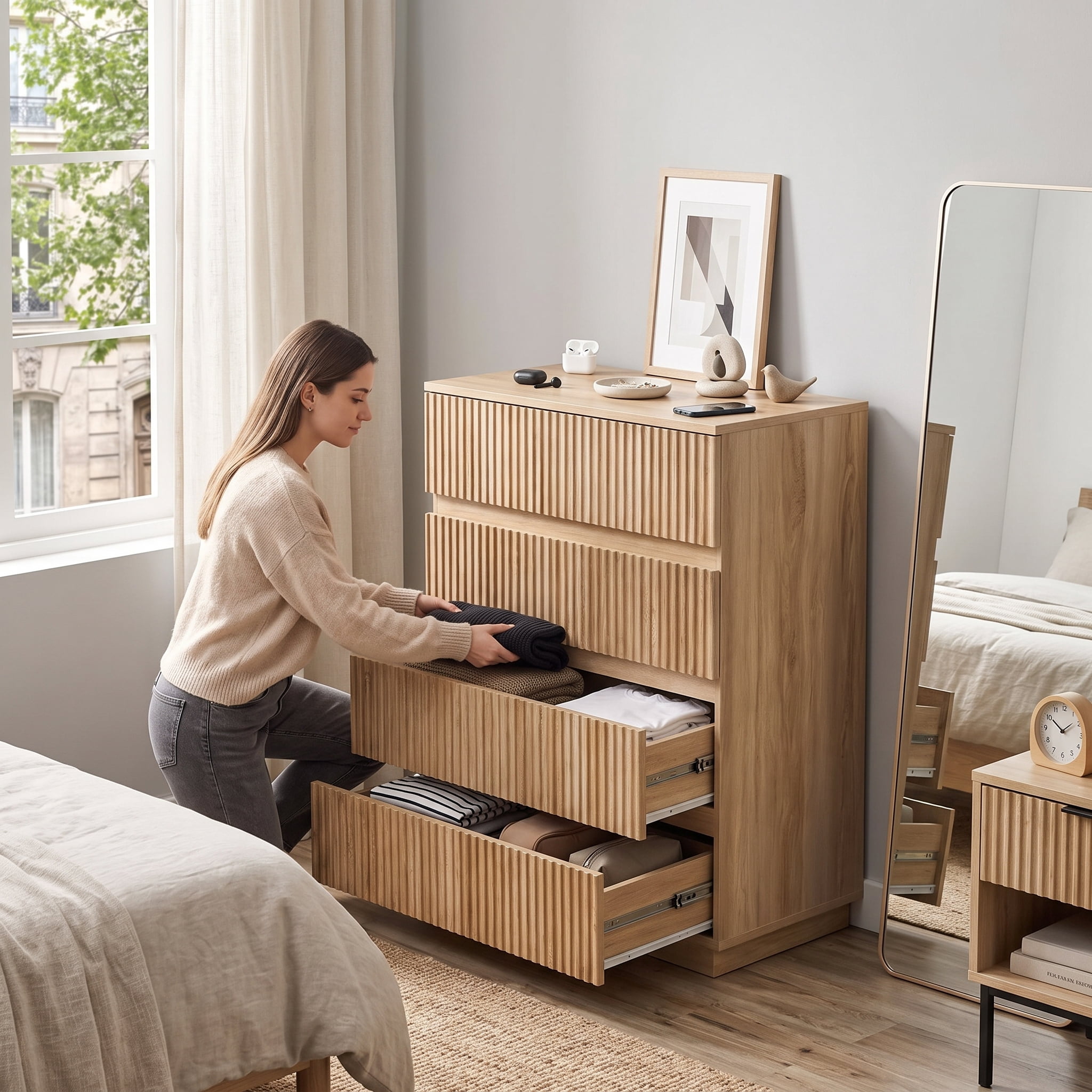 Handleless Grille-Finished 4-Drawer Bedside Table, P2 Particleboard + MDF & ,elamine Veneer + Thermoformed Drawer Dresser 23.62*14.96*30.71in Oak