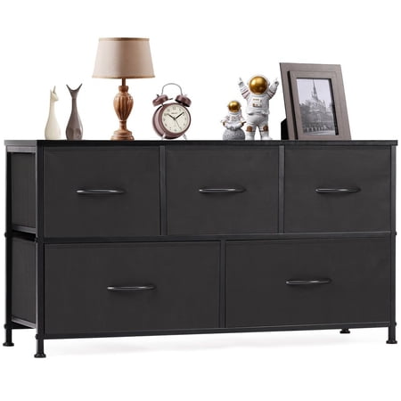 ZHICHUN 5 Drawer Fabric Storage Tower Modern Chest of Drawers with Wooden Top Sturdy Metal Frame Dresser Organizer for Bedroom
