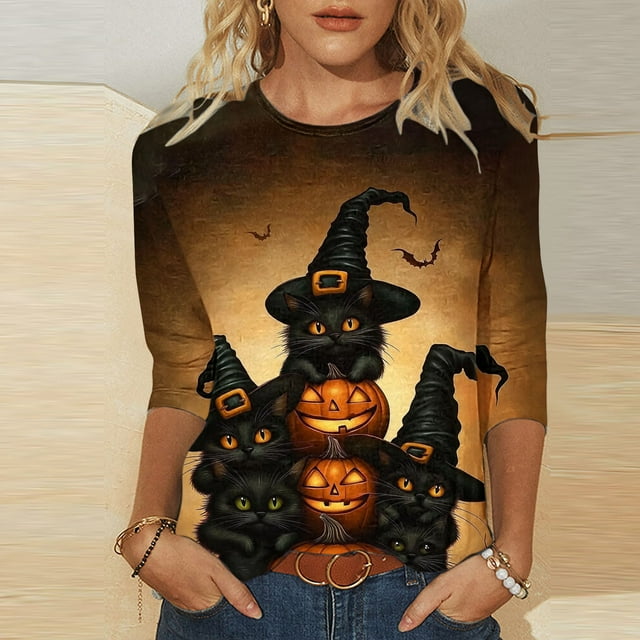 VKOYWKM T-Shirts pour Femmes à Manches 3/4, Chemises Halloween, T-Shirts Amusants à Imprimé Chat Noir Citrouille, Hauts d'Automne, Col Rond, Blouses Décontractées pour Fête Halloween
