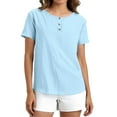 thumbnail image 2 of Women Work Out Tops Sawvnm Women's Fashionable Casual Vacation Everyday Solid Color Button-down Crew Neck Short Sleeves Top Tank Tops for Women Light Blue XL, 2 of 9