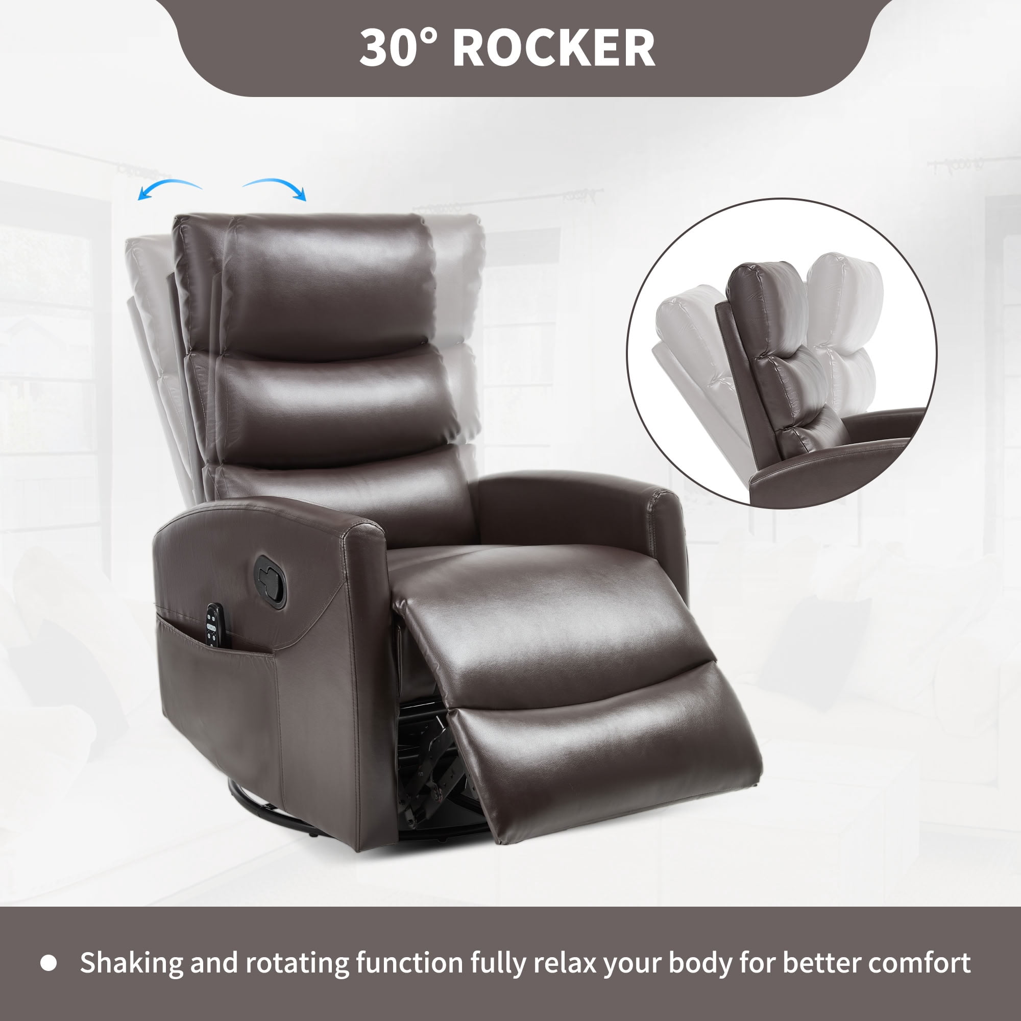 MAYEERTY 360 Degree Swivel Rocker Recliner Chair, Manual Recline Faux Leather Glider Chair with 8-Point Vibration Massage & Lumbar Heat, for Living Room Nursery Bedroom