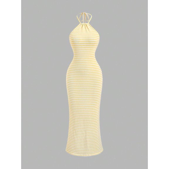 Light Yellow Halter Neck Knit Bodycon Maxi Dress With Striped Texture