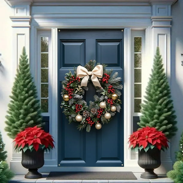 Decoración de la cubierta de la puerta de Navidad | Colgado festivo de puertas de tela | Feliz Navidad y Feliz Año Nuevo Diseño | Poliéster duradero | 90x180cm | Instalación fácil | Decoración para