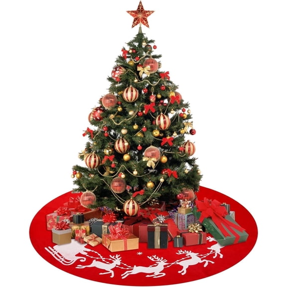 Coolmade 48" Christmas Tree Skirt Mat with Reindeer Sled Pattern Xmas Tree Skirts Holiday Party Decoration