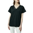 thumbnail image 4 of Womens V Neck Eyelash Lace Trim Top Loose Short Sleeve Blouse, Black, Medium, 4 of 5