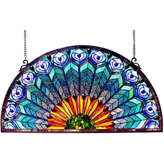 RADIANCE Goods Tiffany-Style Peacock Feather Glass Window Panel 35x18