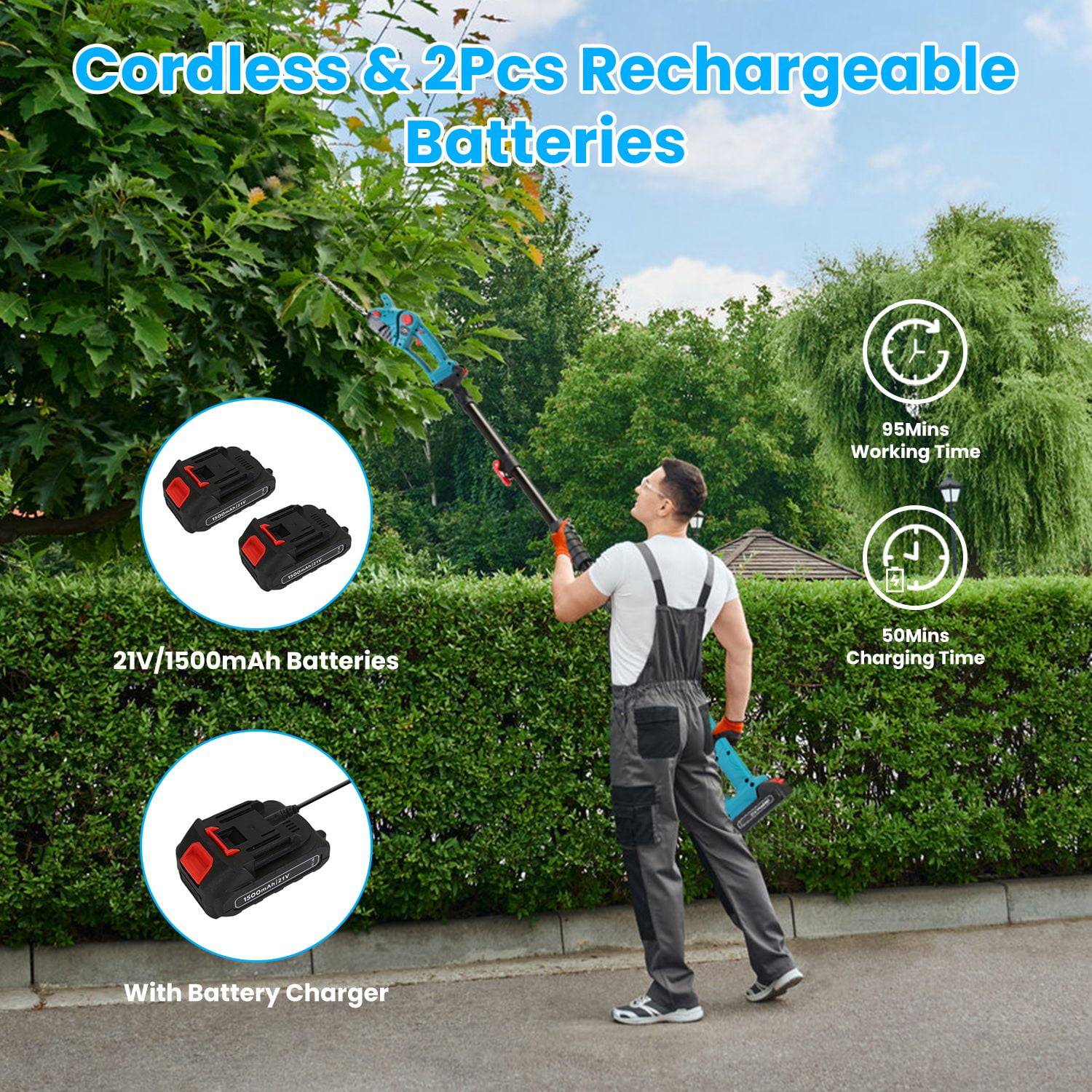 TeqHome Cordless Electric Hedge Trimmer with Extension Pole, 21V Grass Shears with 90° Rotatable Head 2Pcs 21V Batteries Blue