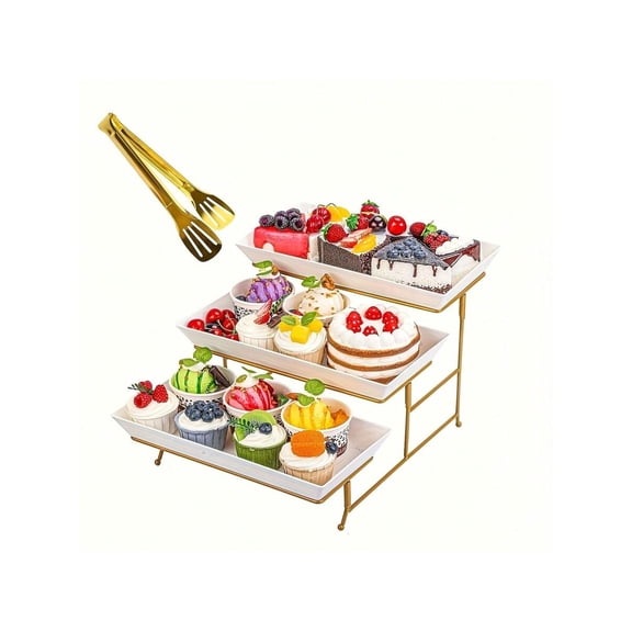 Tiered Serving Stand 3-Tier, White Plastic Trays with Golden Metal Stand, Cupcake & Dessert Display for Tea Party, Wedding, Party Food & Fruits