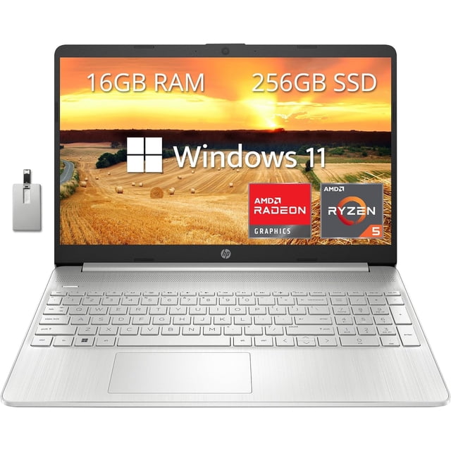 HP Portable 15,6 Po FHD, Processeur AMD Ryzen 5-5500U, 16 Go de RAM, SSD PCIe 256 Go, Graphiques AMD Radeon, Caméra Web HD, Wi-fi, Bluetooth, Win 11, Argent, Carte USB Hotface 32 Go