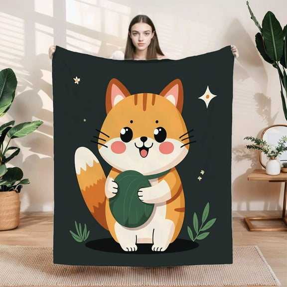 Cozy Flannel Blanket with Cute Cartoon Cat Design - Soft Warm Perfect for Sofa Travel Bed and Chair - Whimsical Stars & Flowers