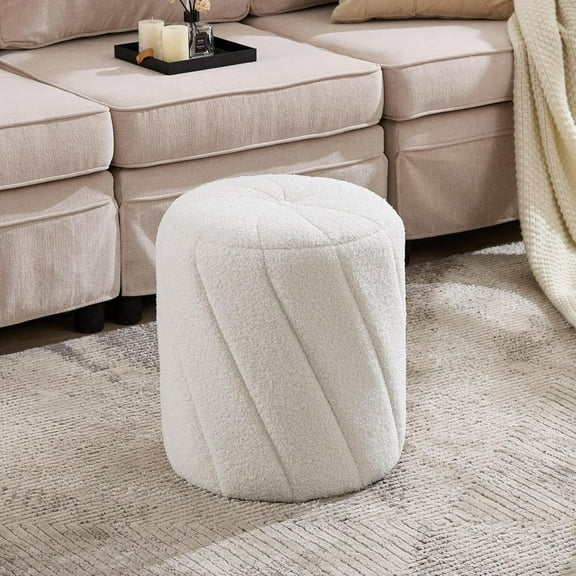 Tufted Small Round Ottomans,Upholstered Vanity Stool for Makeup Bedroom Living Room,Coffee Table,Couch,Desk,White