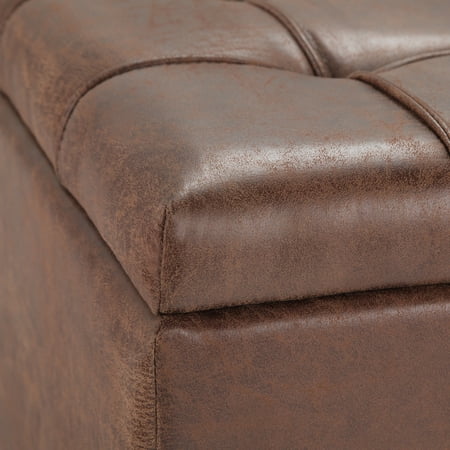 Simpli Home - Harrison 36 inch Wide Transitional Square Coffee Table Storage Ottoman in Faux Leather - Distressed Umber Brown