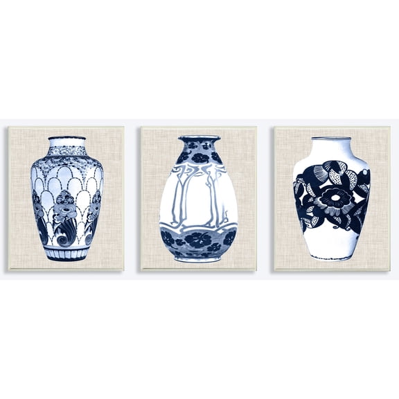 The Stupell Home Decor Collection Blue and White Vase Series on Linen 3pc Wall Plaque Art Set, 10 x 0.5 x 15