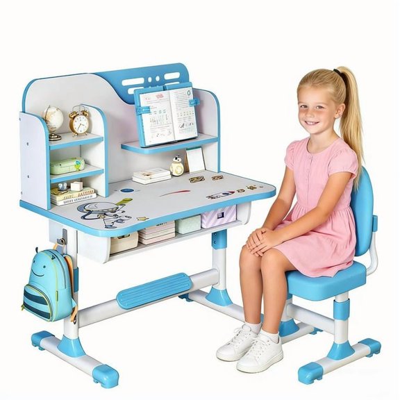 YNCE Kids Study Desk Chair Set,Kids Children School Study Table Chairs Set Premium Height Adjustable Ergonomic Desk Chair with Large Writing Board Bookshelf and Drawer Gift for Boys Girls